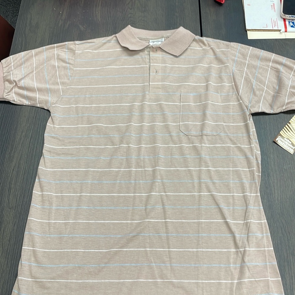 Allyn St. George taupe polo shirt. Size Medium